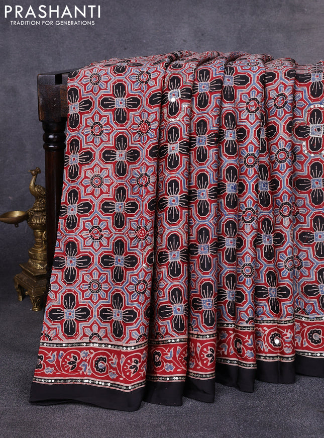 Modal silk saree maroon and black with allover ajrakh prints & sequin work and mirror sequin work pallu
