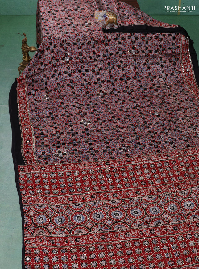 Modal silk saree maroon and black with allover ajrakh prints & sequin work and mirror sequin work pallu
