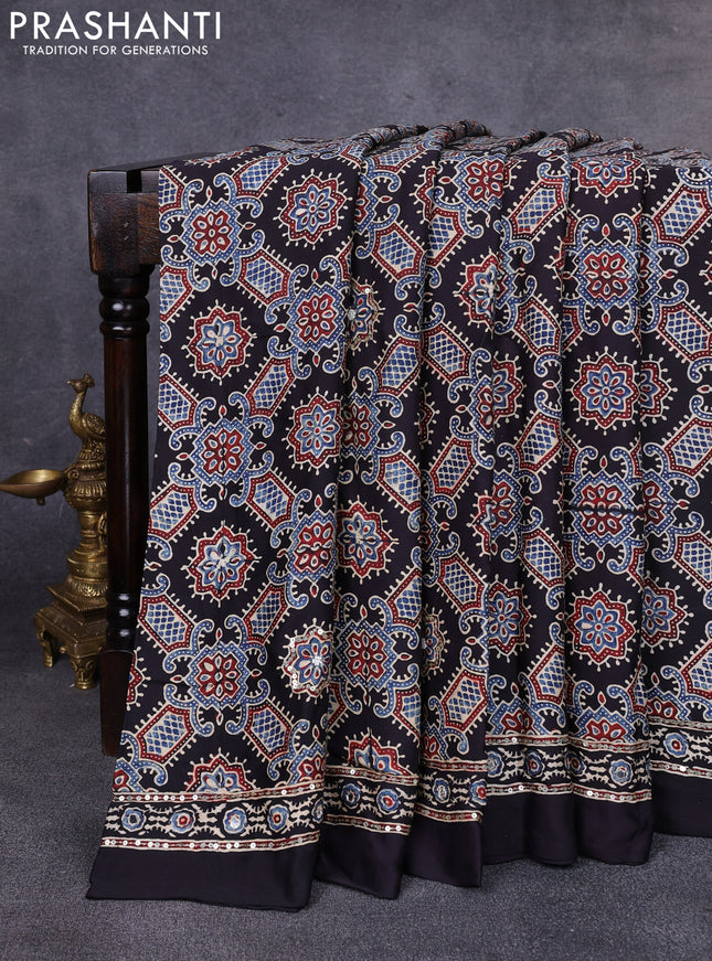 Modal silk saree black with allover ajrakh prints & sequin work and mirror sequin work pallu