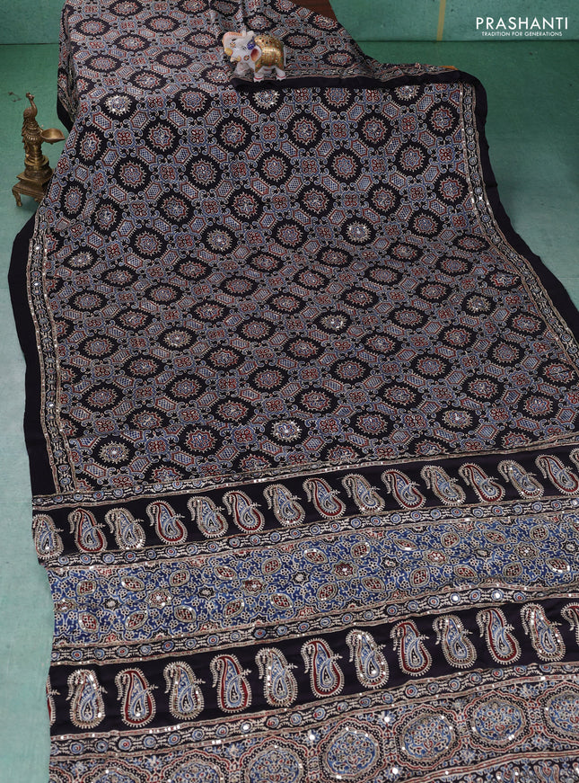 Modal silk saree black with allover ajrakh prints & sequin work and mirror sequin work pallu