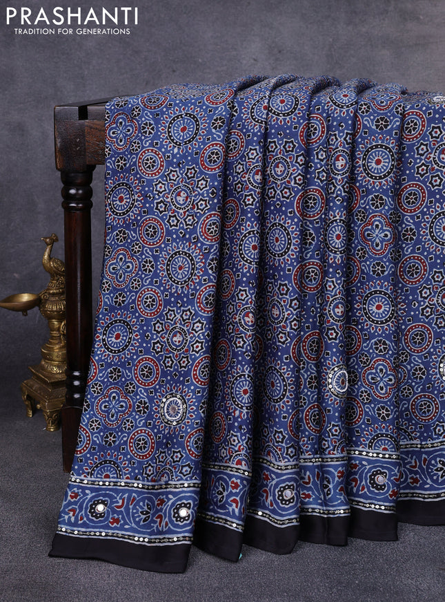 Modal silk saree indigo blue and black with allover ajrakh prints & sequin work and mirror sequin work pallu
