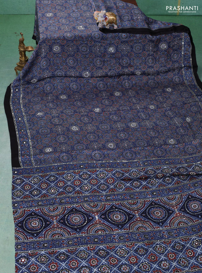 Modal silk saree indigo blue and black with allover ajrakh prints & sequin work and mirror sequin work pallu
