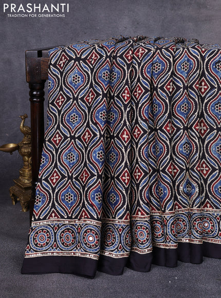 Modal silk saree black with allover ajrakh prints & sequin work and mirror sequin work pallu