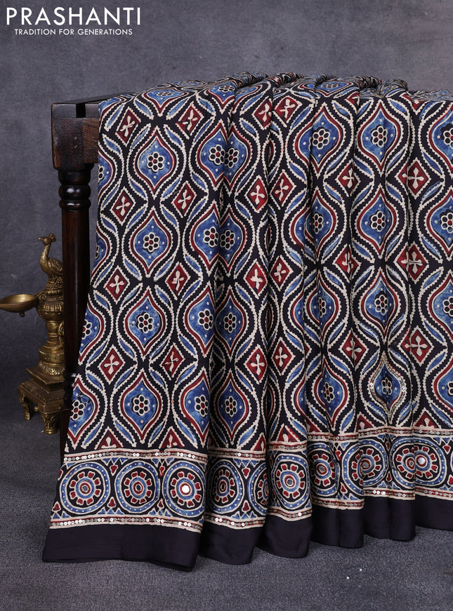 Modal silk saree black with allover ajrakh prints & sequin work and mirror sequin work pallu