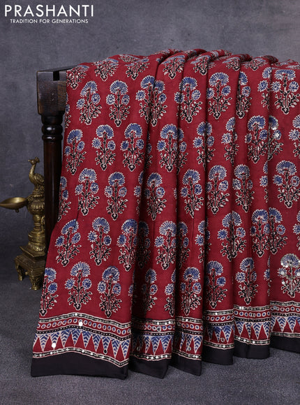 Modal silk saree maroon and black with allover ajrakh prints & sequin work and mirror sequin work pallu