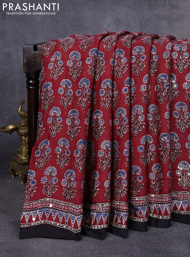 Modal silk saree maroon and black with allover ajrakh prints & sequin work and mirror sequin work pallu
