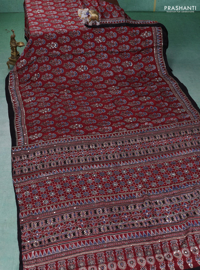 Modal silk saree maroon and black with allover ajrakh prints & sequin work and mirror sequin work pallu