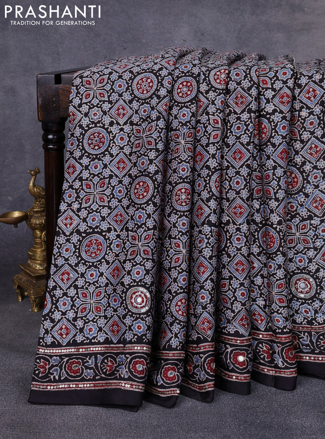 Modal silk saree black with allover ajrakh prints & sequin work and mirror sequin work pallu