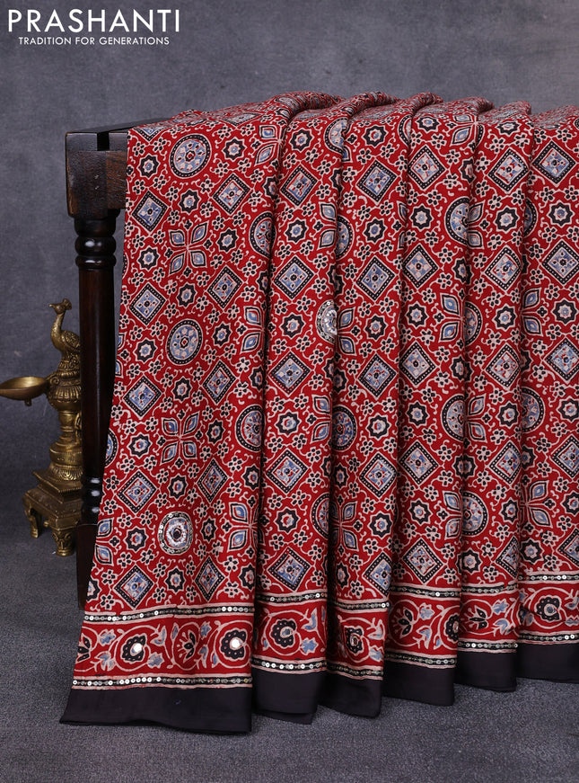 Modal silk saree maroon and black with allover ajrakh prints & sequin work and mirror sequin work pallu