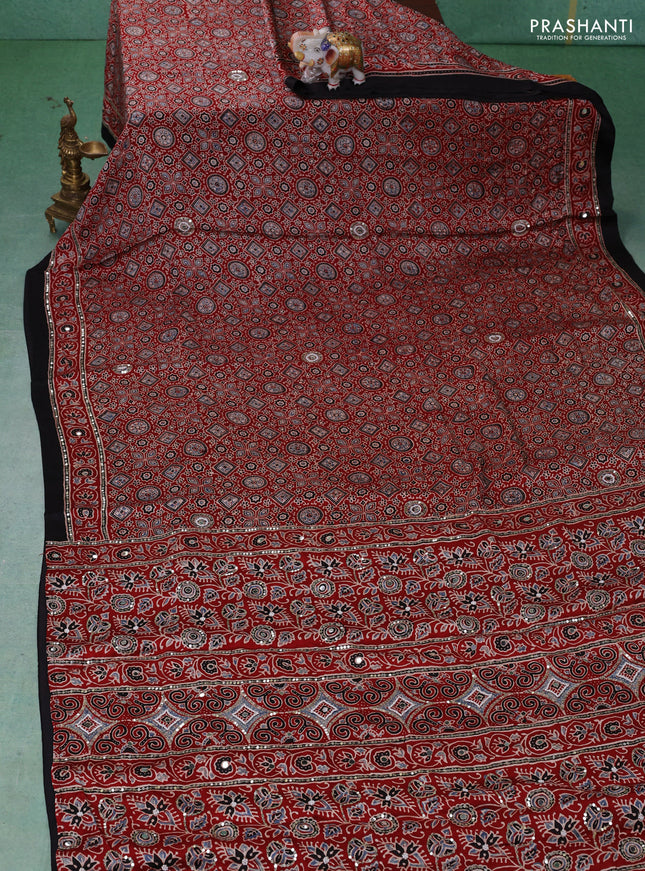 Modal silk saree maroon and black with allover ajrakh prints & sequin work and mirror sequin work pallu