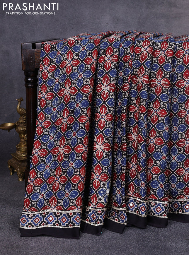 Modal silk saree indigo blue and black with allover ajrakh prints & sequin work and mirror sequin work pallu