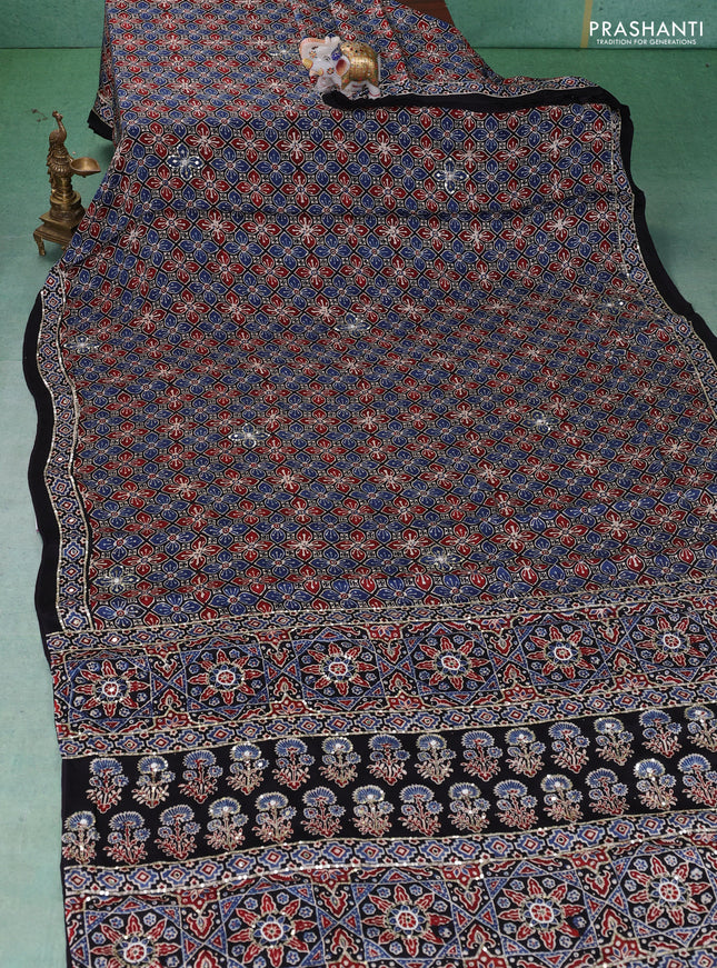 Modal silk saree indigo blue and black with allover ajrakh prints & sequin work and mirror sequin work pallu