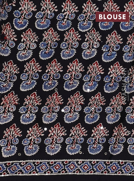 Modal silk saree indigo blue and black with allover ajrakh prints & sequin work and mirror sequin work pallu