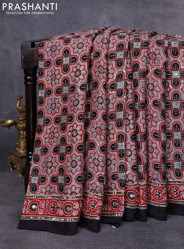 Modal silk saree maroon and black with allover ajrakh prints & sequin work and mirror sequin work pallu