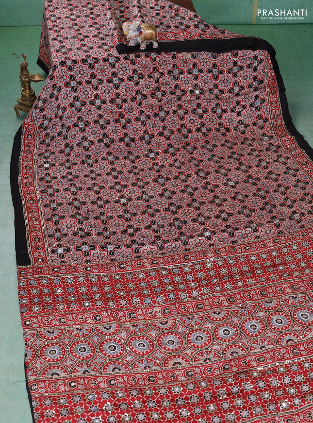 Modal silk saree maroon and black with allover ajrakh prints & sequin work and mirror sequin work pallu