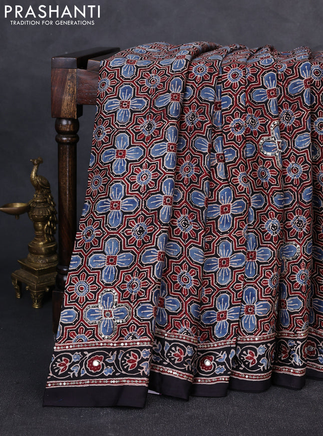 Modal silk saree maroon and black with allover ajrakh prints & sequin work and mirror sequin work pallu