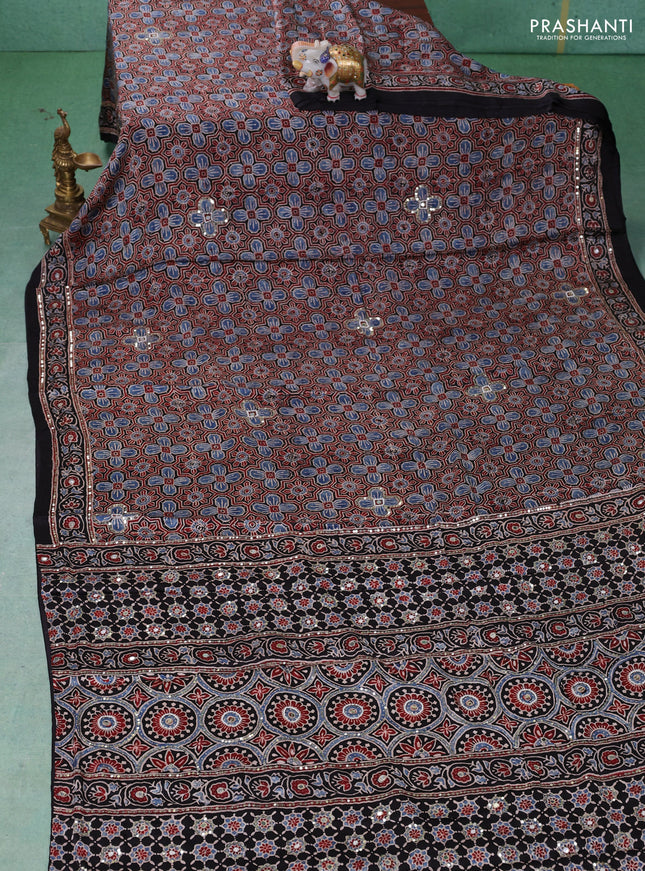 Modal silk saree maroon and black with allover ajrakh prints & sequin work and mirror sequin work pallu