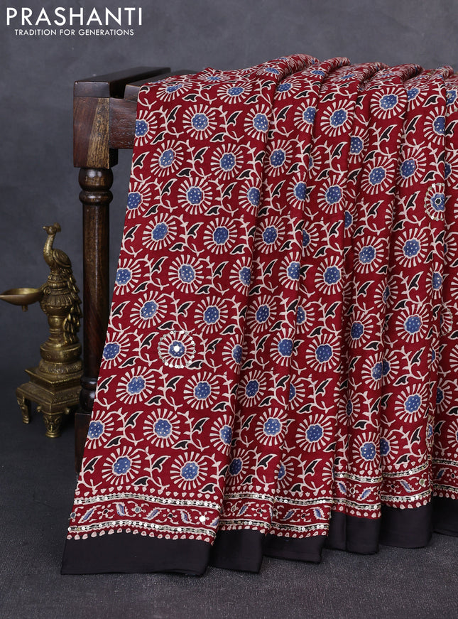 Modal silk saree maroon and black with allover ajrakh prints & sequin work and mirror sequin work pallu