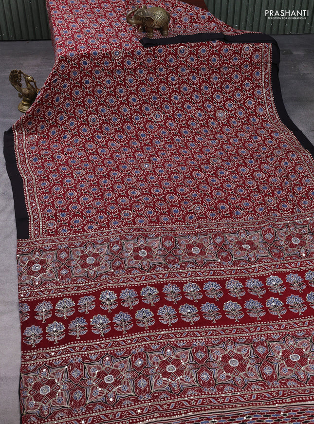 Modal silk saree maroon and black with allover ajrakh prints & sequin work and mirror sequin work pallu