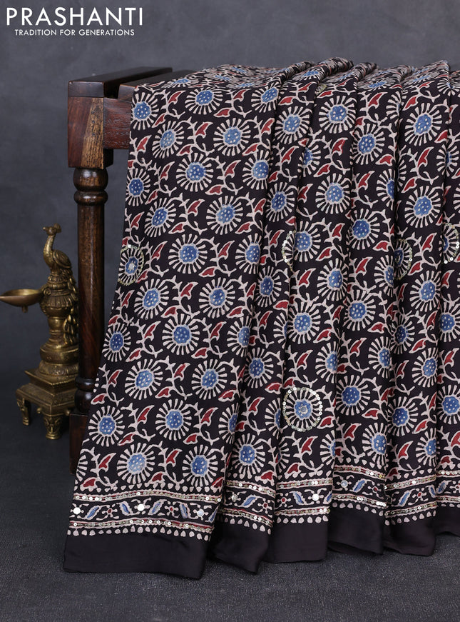 Modal silk saree black with allover ajrakh prints & sequin work and mirror sequin work pallu