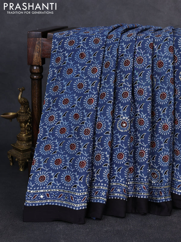 Modal silk saree indigo blue and black with allover ajrakh prints & sequin work and mirror sequin work pallu