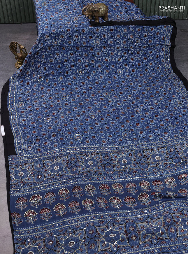 Modal silk saree indigo blue and black with allover ajrakh prints & sequin work and mirror sequin work pallu