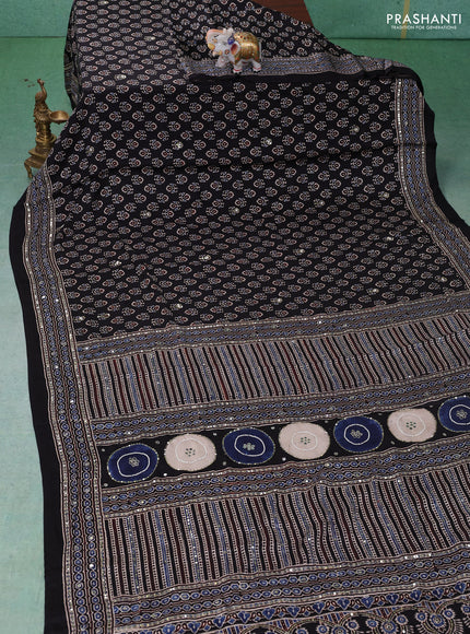Modal silk saree black with allover ajrakh prints & sequin work and mirror sequin work pallu