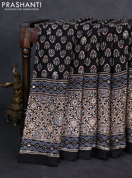 Modal silk saree black with allover ajrakh prints & sequin work and mirror sequin work pallu