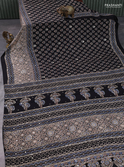 Modal silk saree black with allover ajrakh prints & sequin work and mirror sequin work pallu