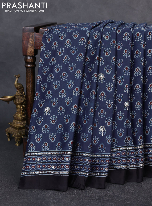 Modal silk saree indigo blue and black with allover ajrakh prints & sequin work and mirror sequin work pallu