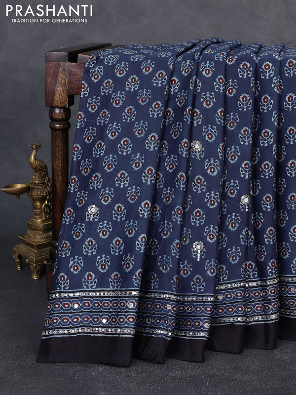 Modal silk saree indigo blue and black with allover ajrakh prints & sequin work and mirror sequin work pallu