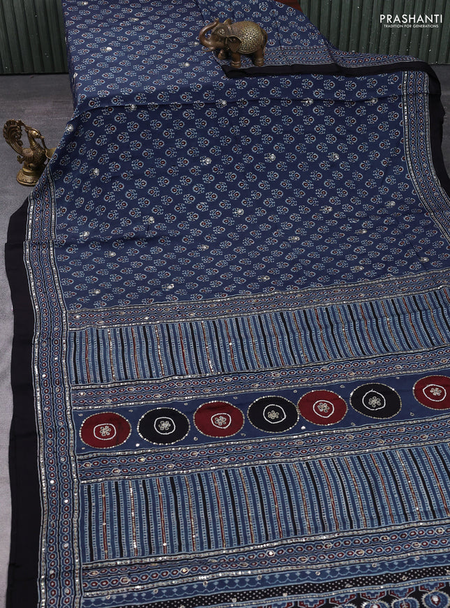 Modal silk saree indigo blue and black with allover ajrakh prints & sequin work and mirror sequin work pallu