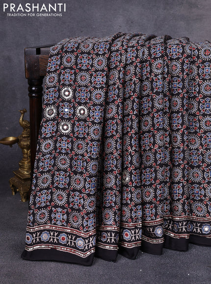 Modal silk saree black with allover ajrakh prints & sequin work and mirror sequin work pallu