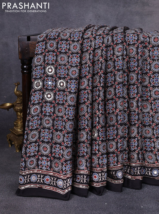 Modal silk saree black with allover ajrakh prints & sequin work and mirror sequin work pallu
