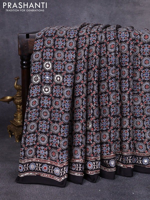 Modal silk saree black with allover ajrakh prints & sequin work and mirror sequin work pallu