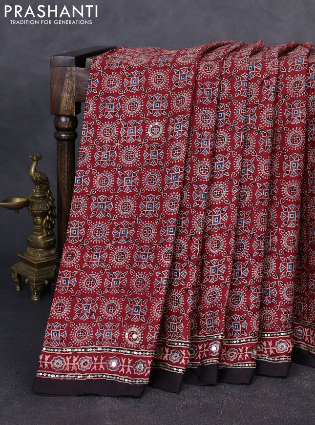 Modal silk saree maroon and black with allover ajrakh prints & sequin work and mirror sequin work pallu