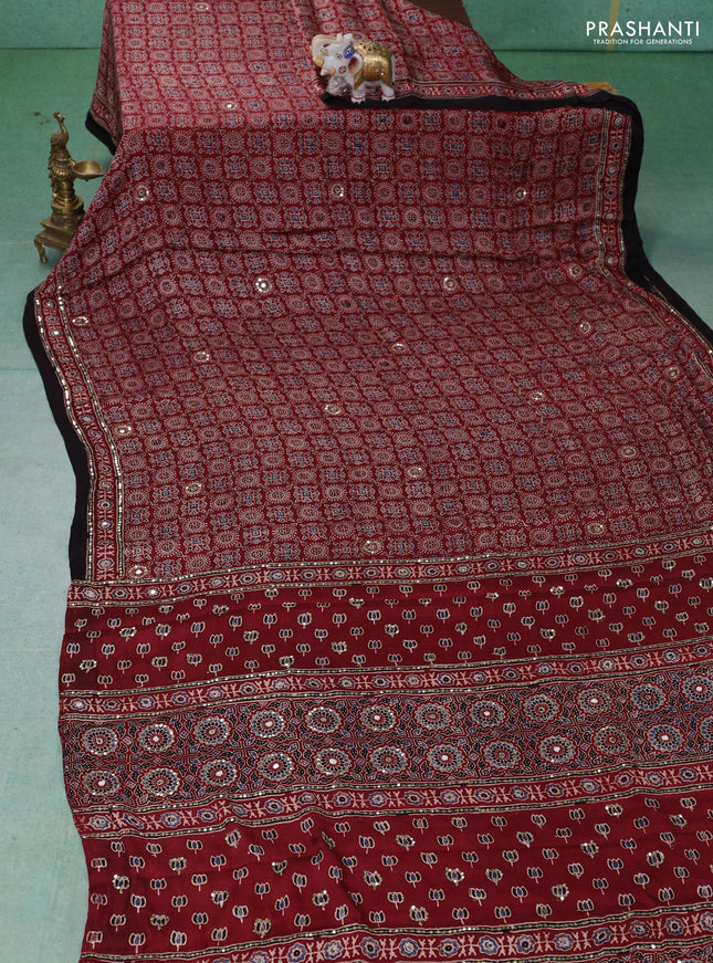 Modal silk saree maroon and black with allover ajrakh prints & sequin work and mirror sequin work pallu