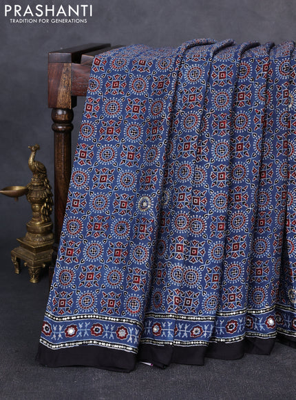 Modal silk saree indigo blue and black with allover ajrakh prints & sequin work and mirror sequin work pallu