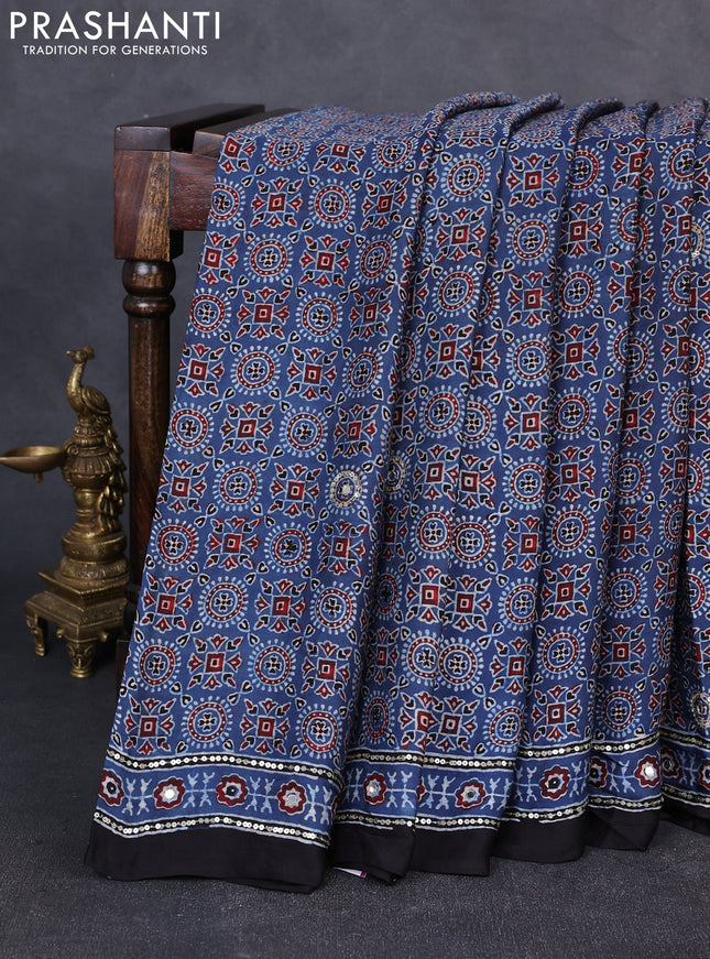 Modal silk saree indigo blue and black with allover ajrakh prints & sequin work and mirror sequin work pallu
