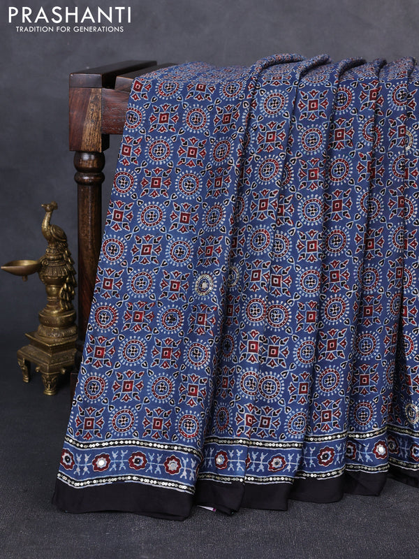 Modal silk saree indigo blue and black with allover ajrakh prints & sequin work and mirror sequin work pallu