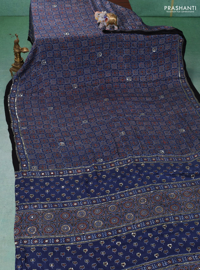 Modal silk saree indigo blue and black with allover ajrakh prints & sequin work and mirror sequin work pallu