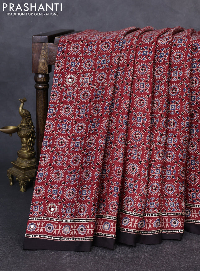 Modal silk saree maroon and black with allover ajrakh prints & sequin work and mirror sequin work pallu