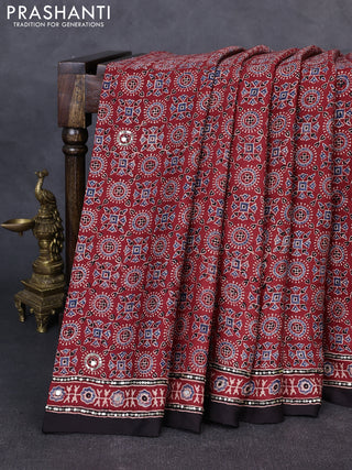 Modal silk saree maroon and black with allover ajrakh prints & sequin work and mirror sequin work pallu