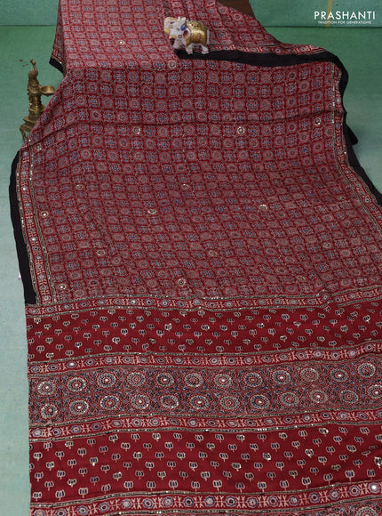 Modal silk saree maroon and black with allover ajrakh prints & sequin work and mirror sequin work pallu