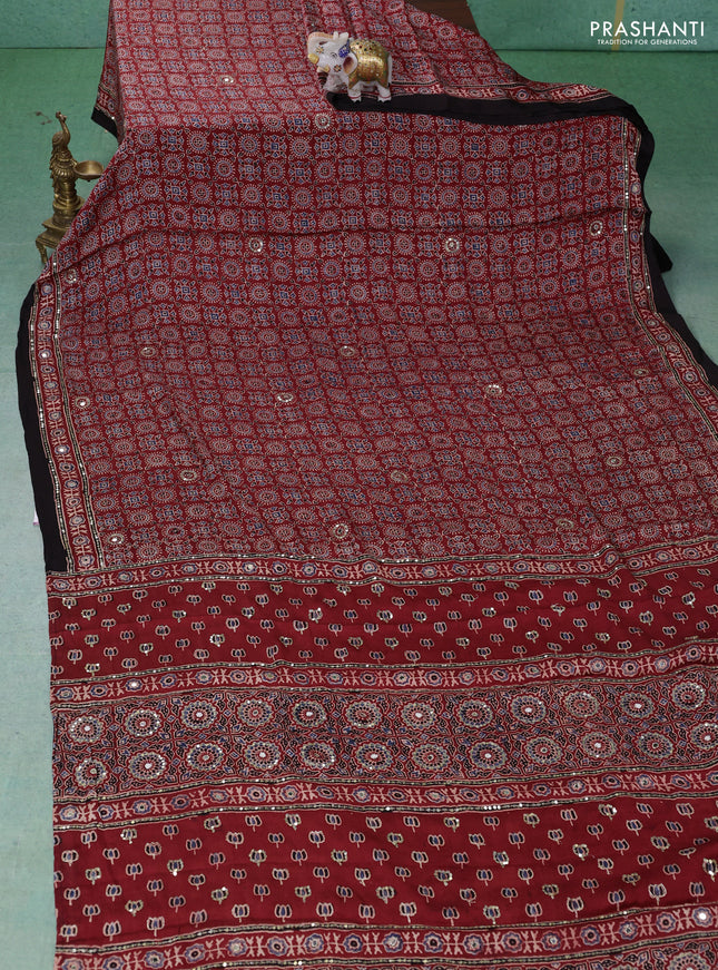 Modal silk saree maroon and black with allover ajrakh prints & sequin work and mirror sequin work pallu