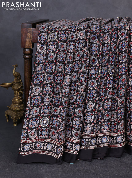 Modal silk saree black with allover ajrakh prints & sequin work and mirror sequin work pallu