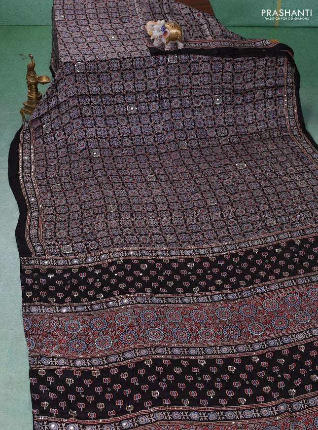 Modal silk saree black with allover ajrakh prints & sequin work and mirror sequin work pallu