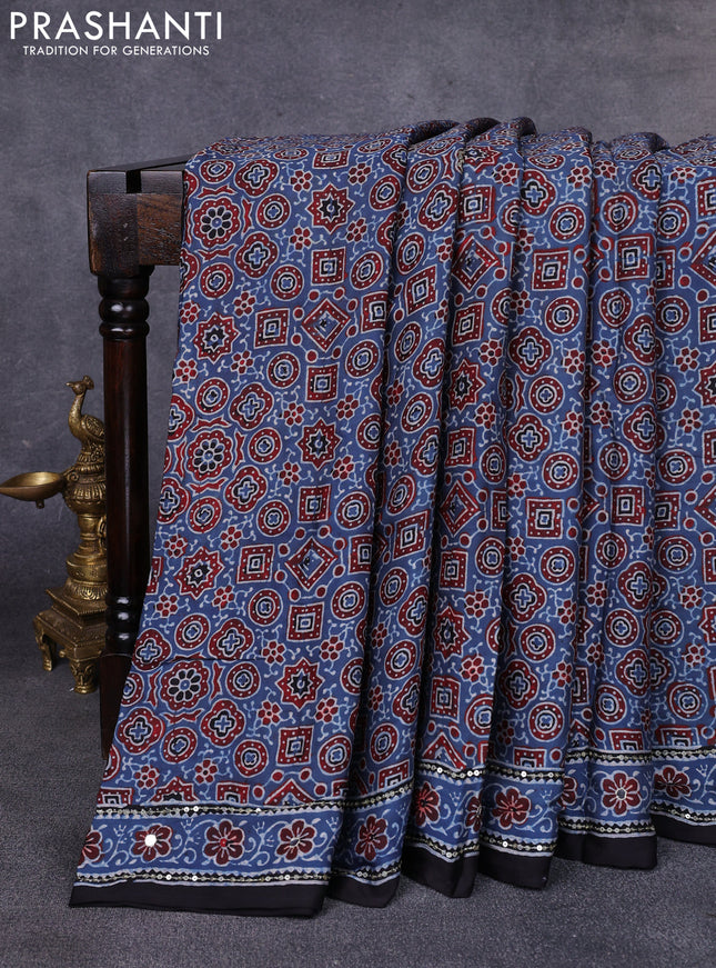 Modal silk saree indigo blue and black with allover ajrakh prints & sequin work and mirror sequin work pallu