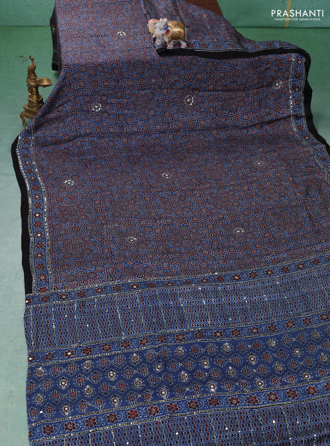 Modal silk saree indigo blue and black with allover ajrakh prints & sequin work and mirror sequin work pallu