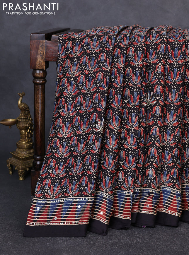 Modal silk saree black with allover ajrakh prints & sequin work and mirror sequin work pallu